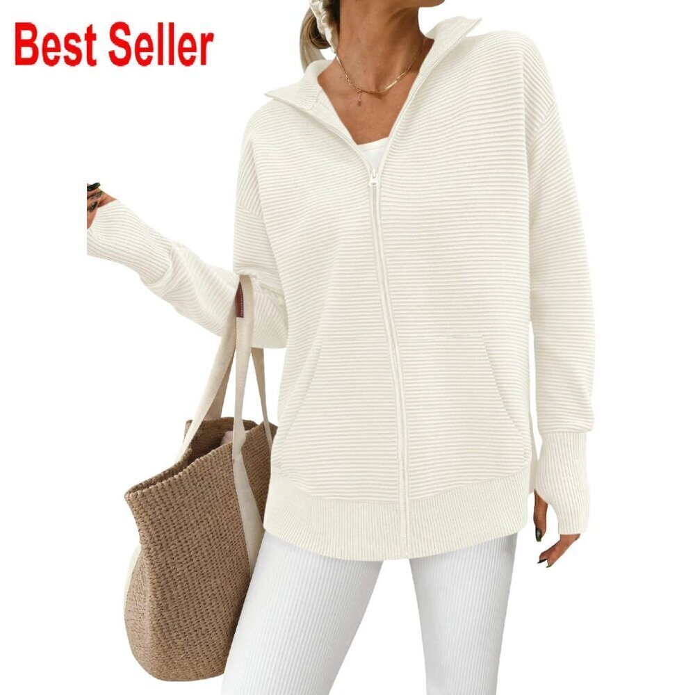 Oversized Ribbed Knit Cardigan Thumb Holes Kangaroo Pocket Chic Fall